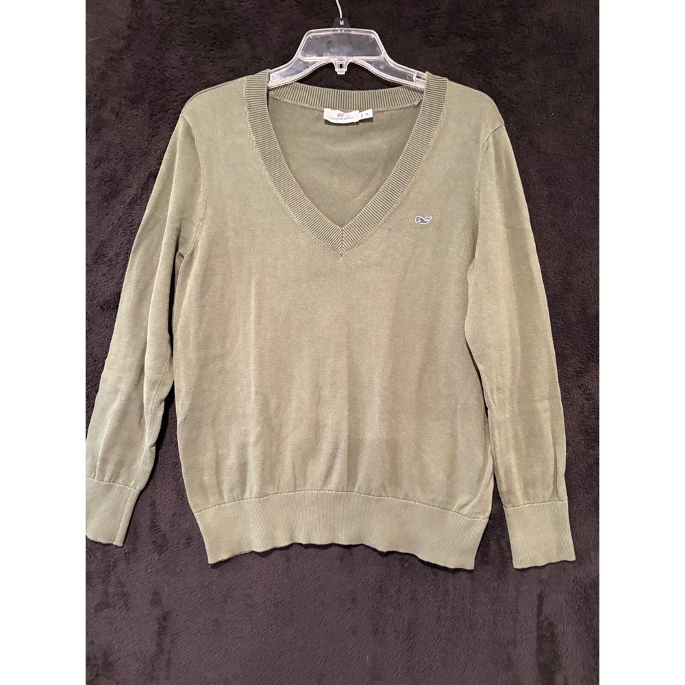 Vineyard Vines Sweater Mens M Olive Green V-Neck Cotton Whale Logo Medium
